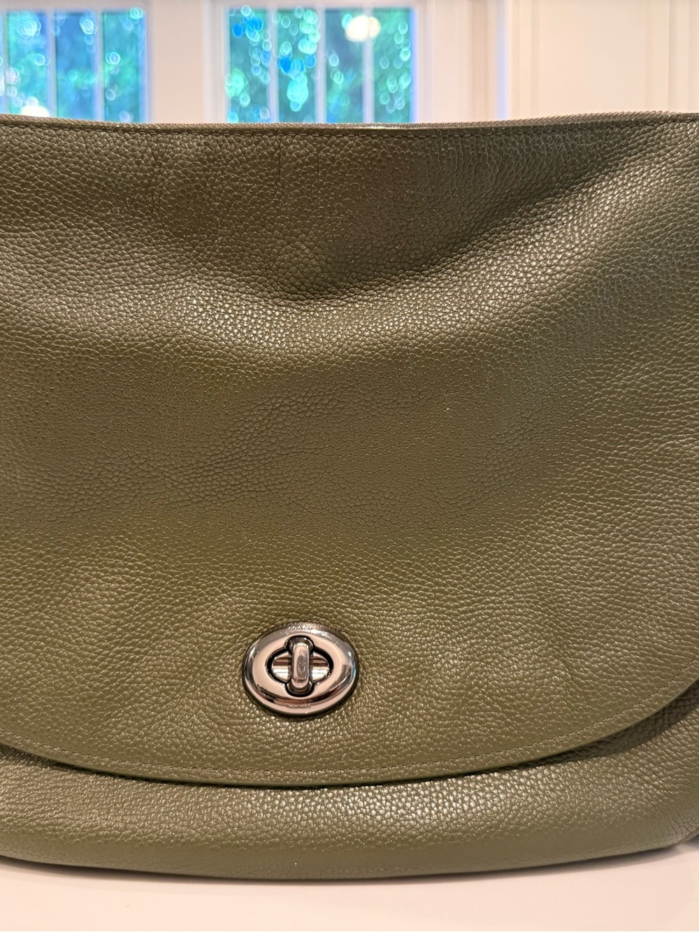 Coach Olive Green Pebbled Leather Shoulder Bag with Silver Turnlock